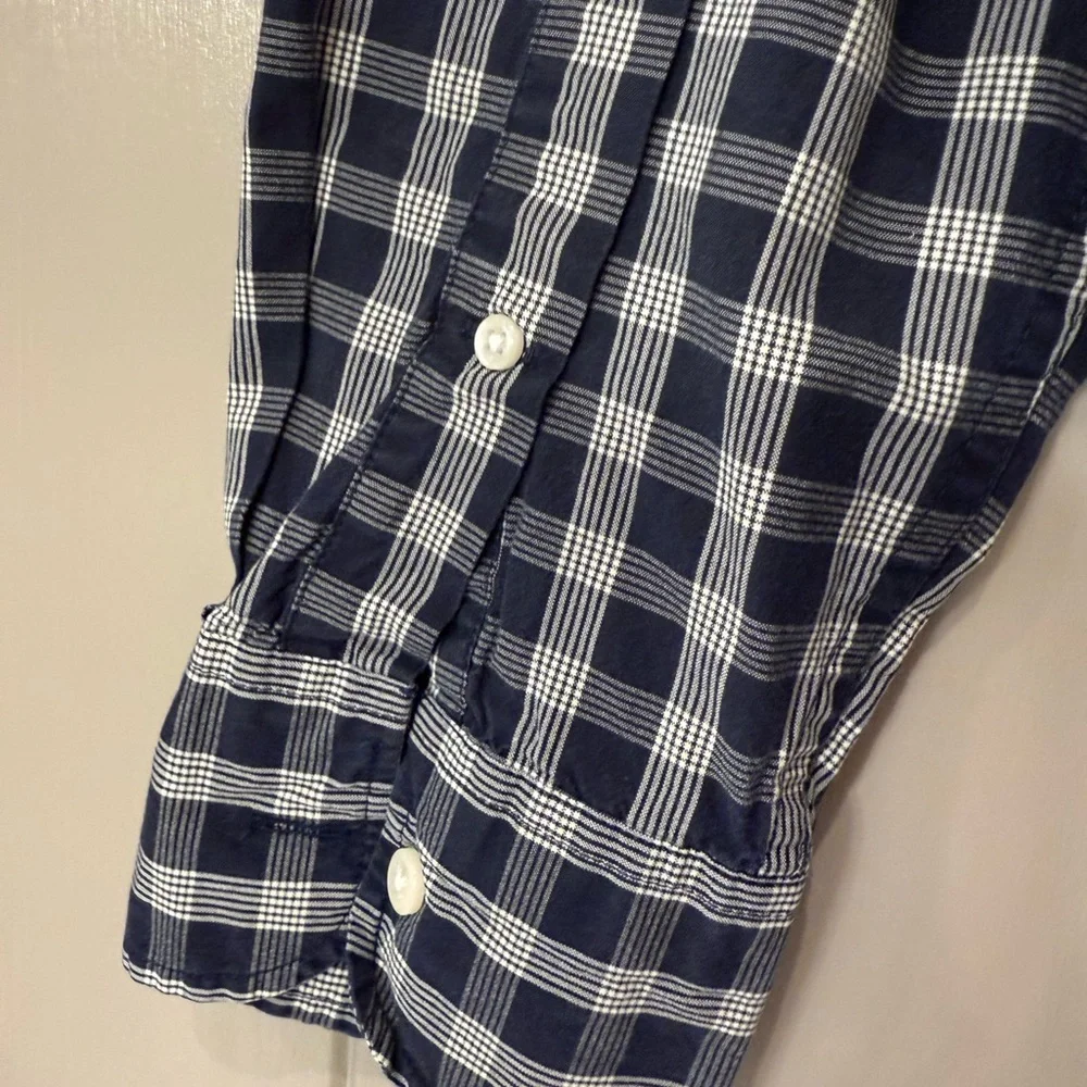 J.Crew Secret Wash Stretch Shirt Mens Small Navy White Gingham Classic‎ Fit
